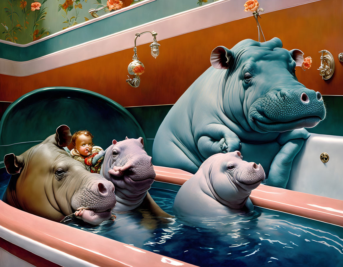 Surreal painting: Three hippopotami in vintage bathtub with child and ornate fixtures