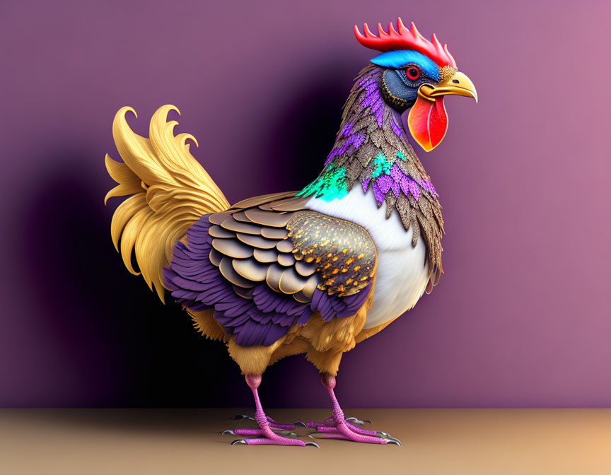 Vibrant stylized rooster with colorful feathers on purple background