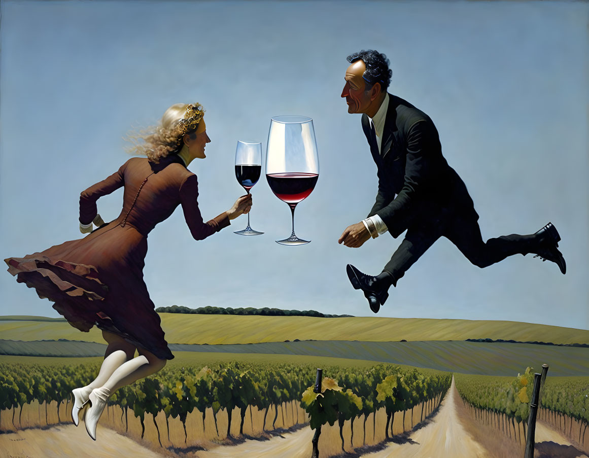 Surreal illustration: Man and woman float with wine glasses above vineyard