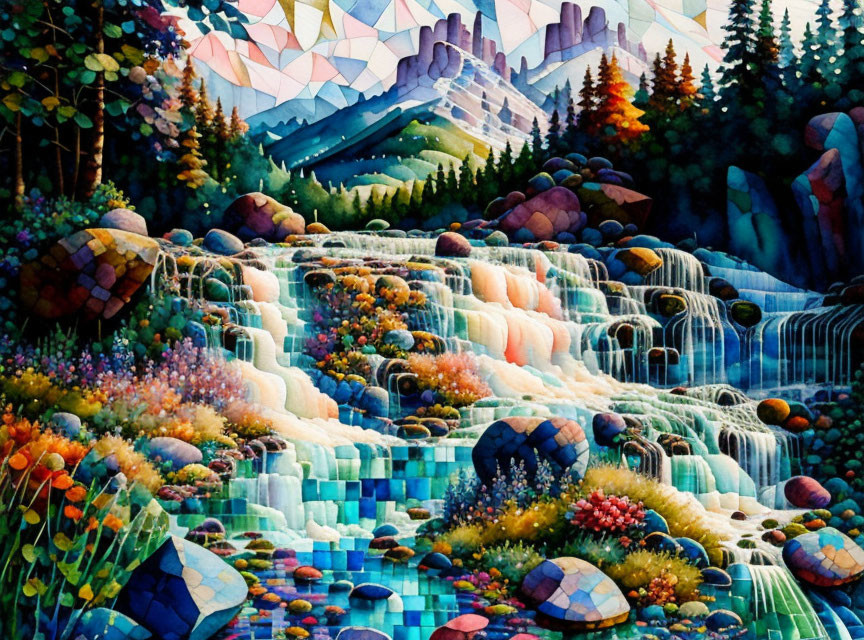 Vibrant painting of cascading waterfalls and geometric mountains