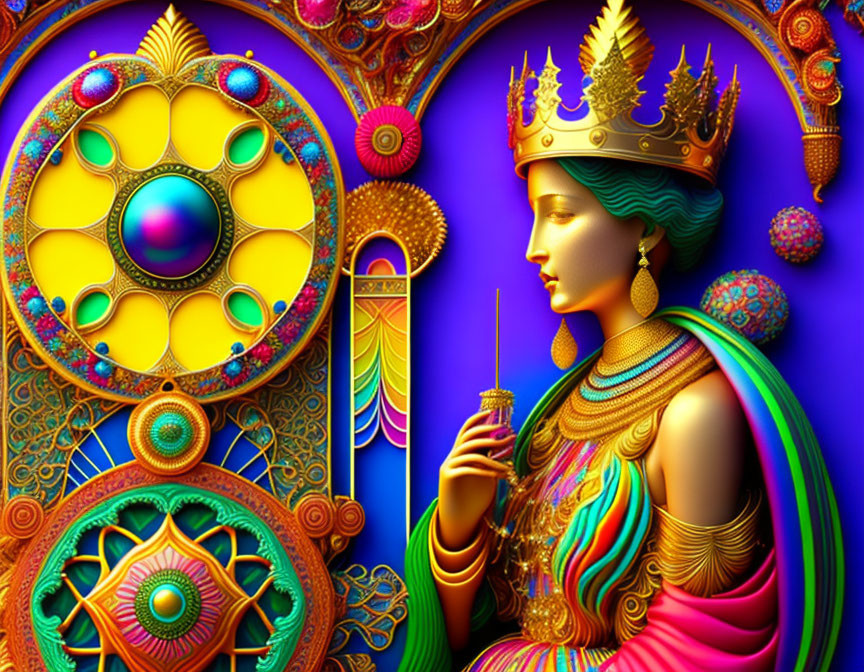 Colorful regal attire woman digital artwork with golden patterns and jewels.