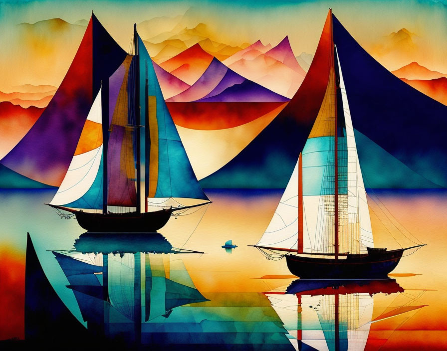 Vibrant sailboats reflecting on water with stylized mountains and gradient sky