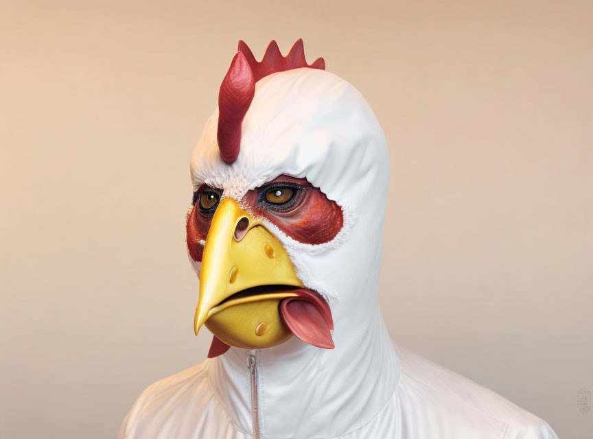 Realistic chicken mask with white head, red comb, and yellow beak.