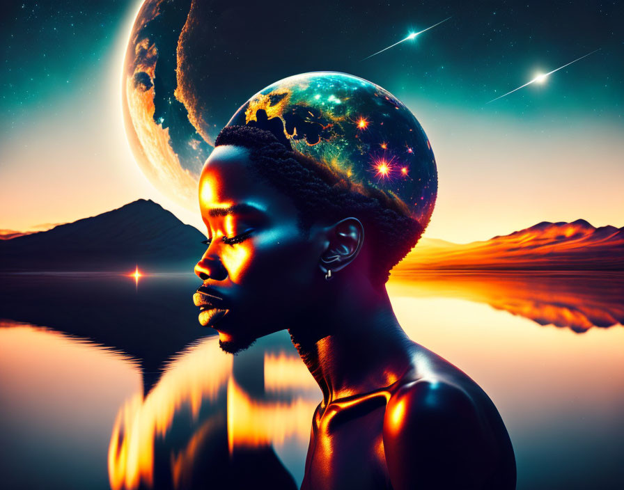 Person in contemplation with large planet, shooting stars, and reflective water body under twilight sky