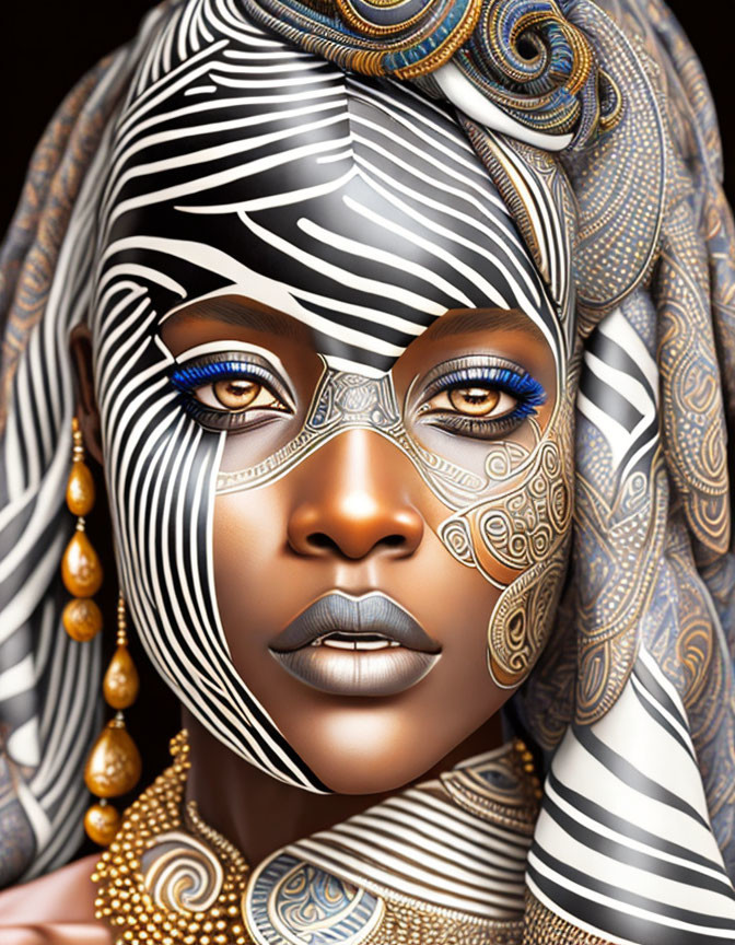 Digital Artwork: Woman with Black and White Skin Patterns, Blue Eyeshadow, Tribal Jewelry