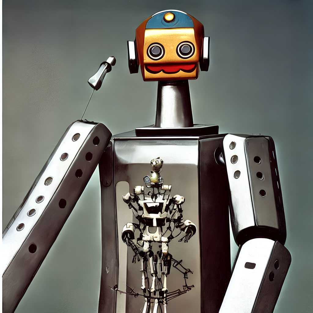 Whimsical silver and orange robot holding tiny version on grey background