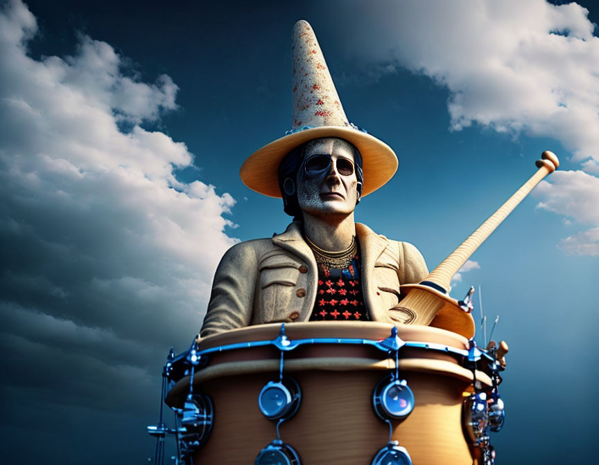 Person in Sunglasses and Cone Hat Playing Drums in Sky