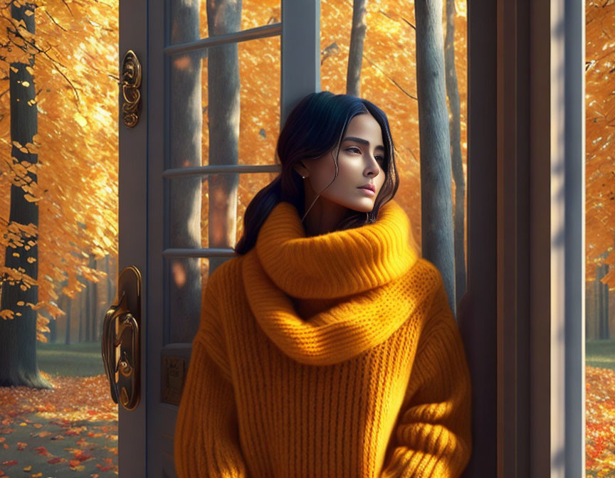 Woman in Yellow Turtleneck Sweater Looking Out Window Surrounded by Autumn Leaves