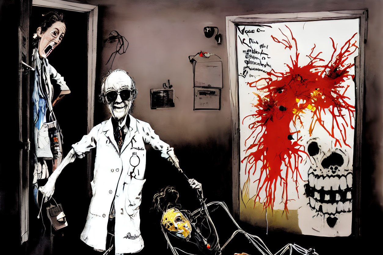 Horror-themed illustration: mad scientist, terrified assistant, skull, chaotic notes, blood splatter.