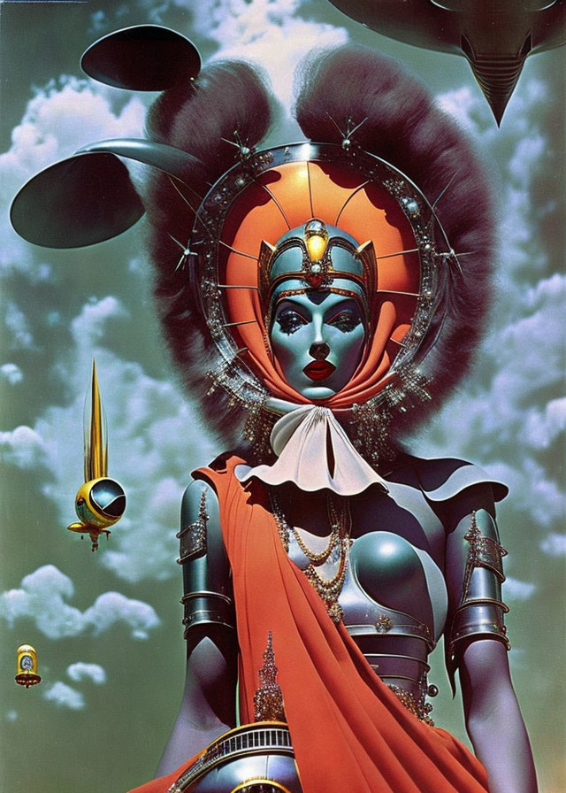 Futuristic illustration of stylized woman with elaborate headgear and spaceships