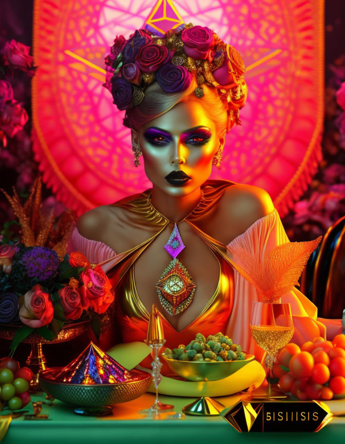 Colorful woman with golden-yellow makeup and floral hair surrounded by fruits, flowers, and candles