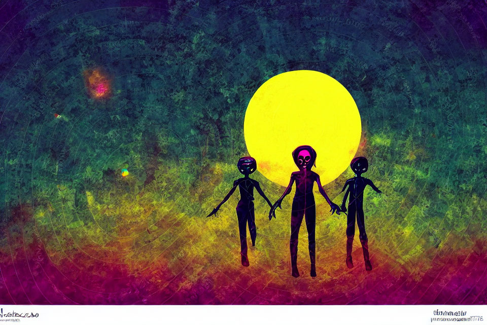 Abstract Art: Three Stylized Figures Against Yellow Sun