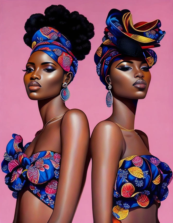 Two women in stylized makeup and headwraps with matching blue and red patterned fabric on a