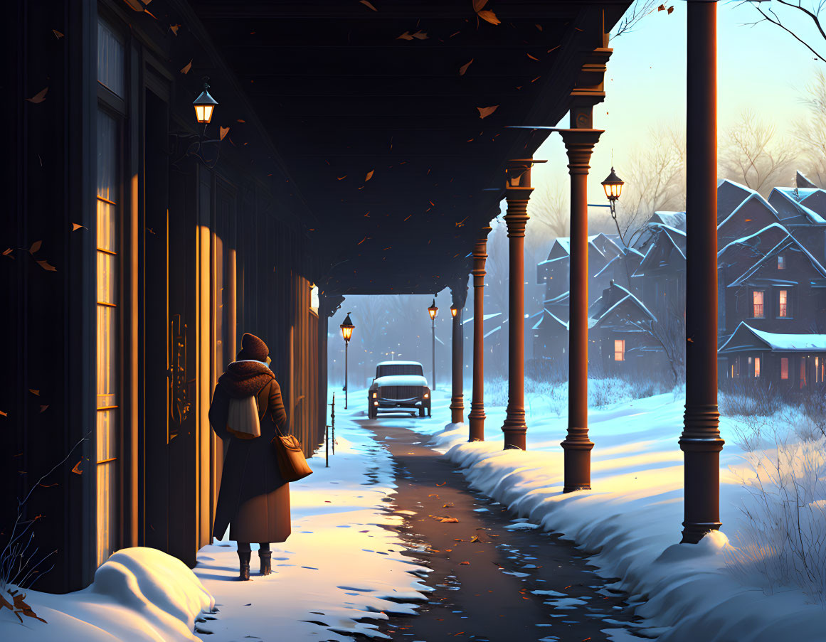 Person in winter coat walks snowy sidewalk at dusk with glowing street lamps and distant car.