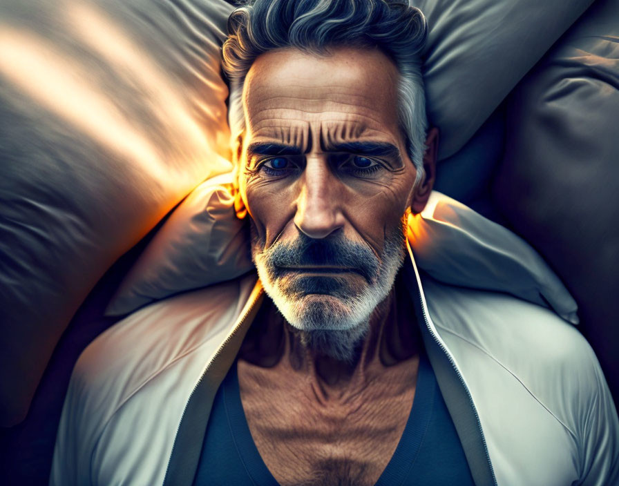 Digital portrait of older man with striking features in bed