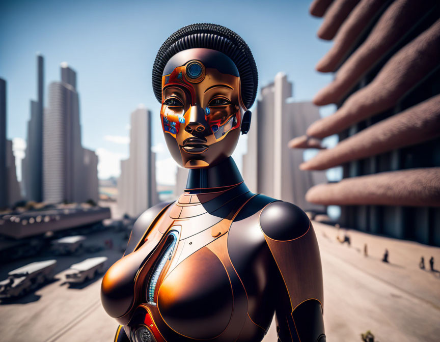 Golden-accented female android in futuristic cityscape with human hand.