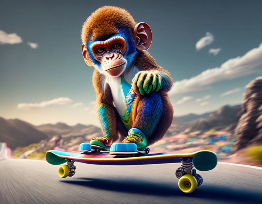 Cartoon monkey skateboarding down winding road in stylish outfit