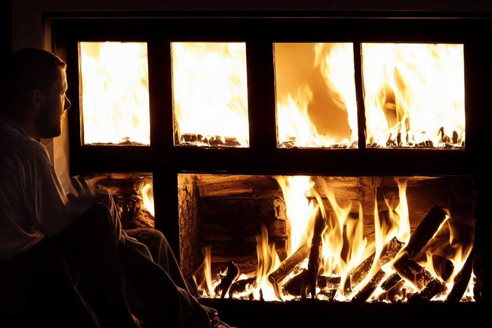 Person sitting beside glowing fireplace with burning logs