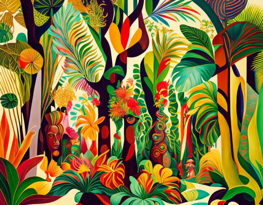 Abstract jungle scene with vibrant colors, stylized plants, flowers, and hidden masks.