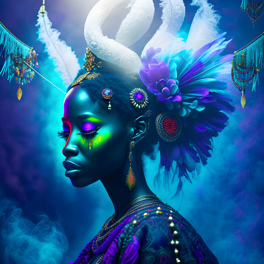 Vibrant digital artwork of a woman with blue skin and elaborate headpieces