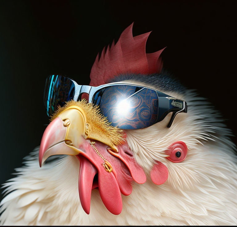 Stylish sunglasses-wearing rooster with sunny sky reflection