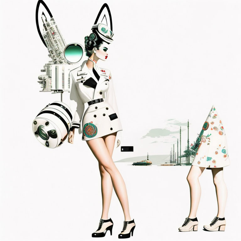 Stylized digital art: Two female figures in futuristic outfits