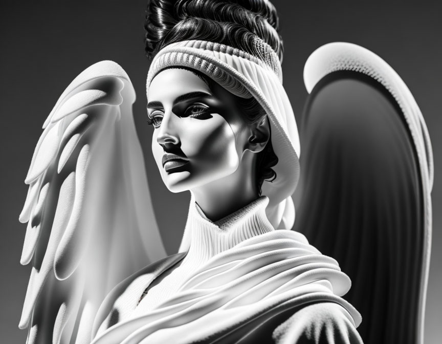 Stylized monochrome image of person with angel wings and headband on grey background