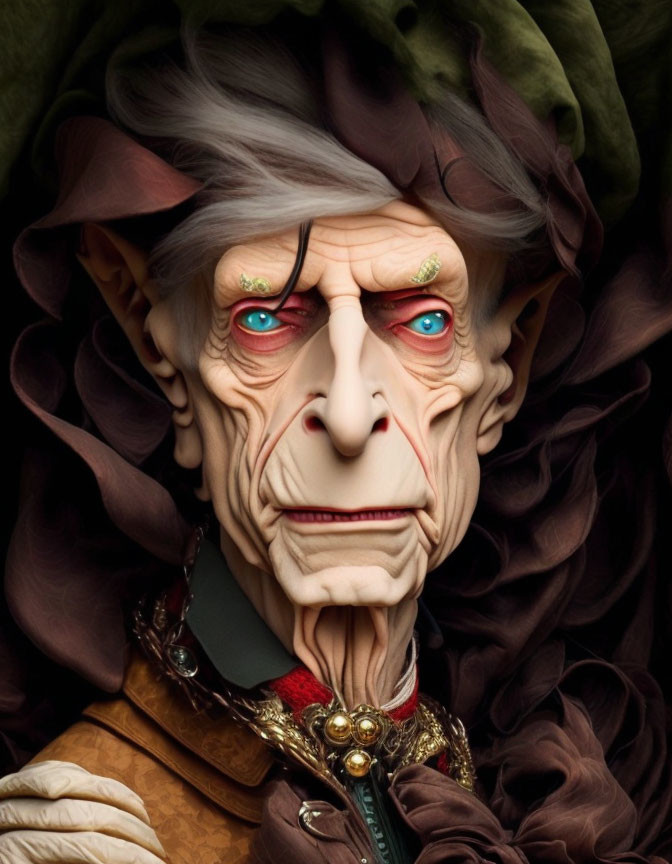 Elderly fantastical character portrait with green eyes and regal attire