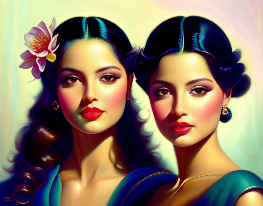 Symmetrical women with floral hair adornments in classic beauty