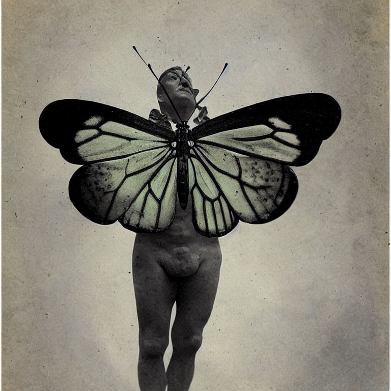 Person with butterfly wings in vintage style portrait