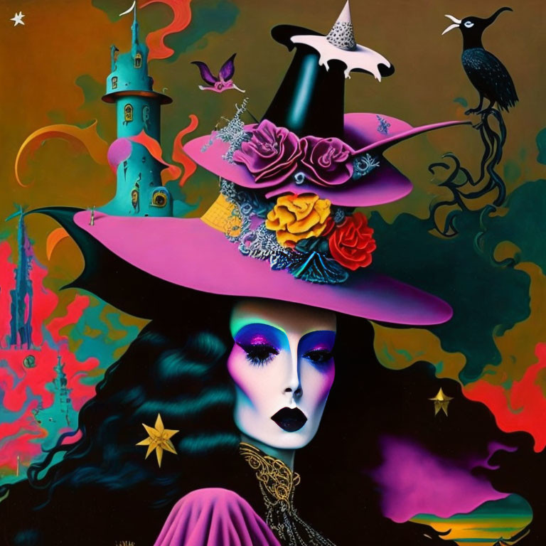 Colorful portrait of woman with flamboyant hat and surreal elements on vibrant backdrop