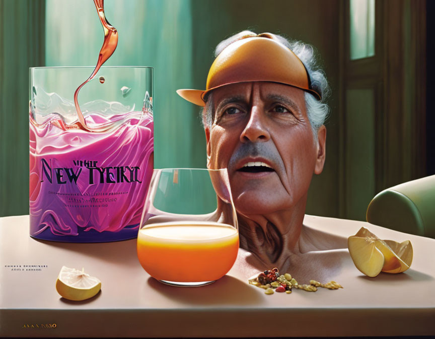 Surreal advertisement featuring man's face, glass with liquid, lemon slices, pill, and pepp