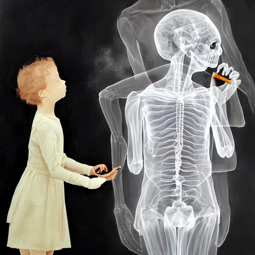 Child mesmerized by skeleton drinking beverage in X-ray image