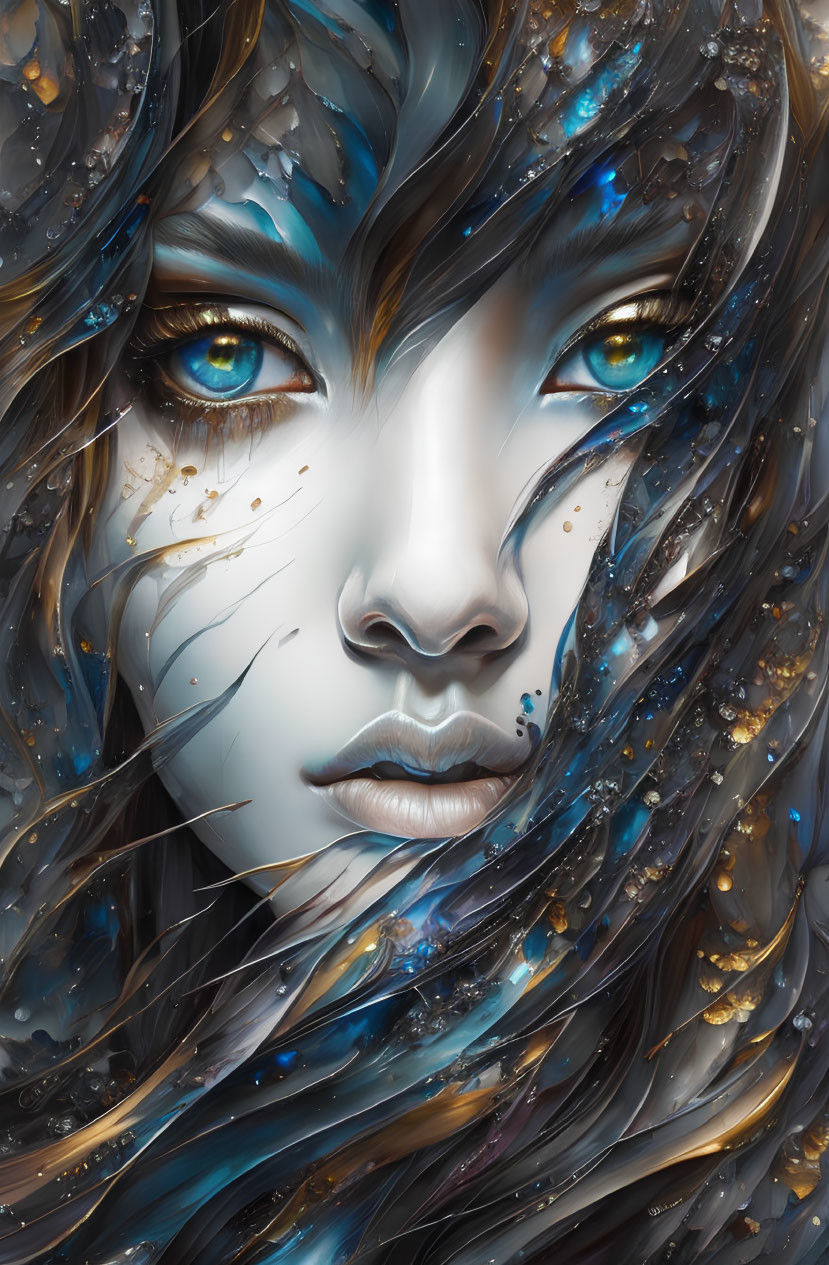 Mystical female face with golden eyes in swirling blue and dark strands