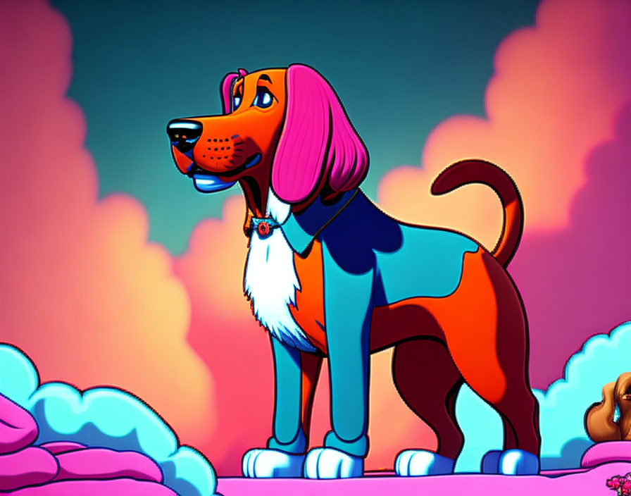 Vibrant cartoon dog with pink hair tuft on whimsical cloud backdrop