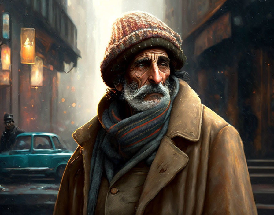 Elderly man in knit cap and scarf on foggy city street with vintage cars.