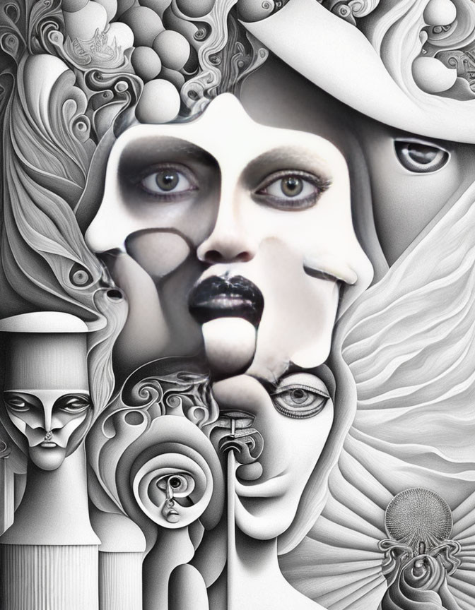 Monochromatic surreal collage of female faces with abstract shapes