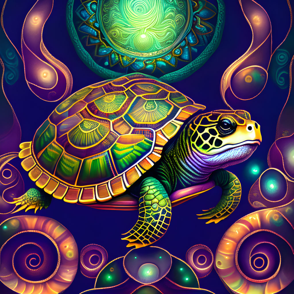 Colorful Turtle Artwork with Cosmic Background