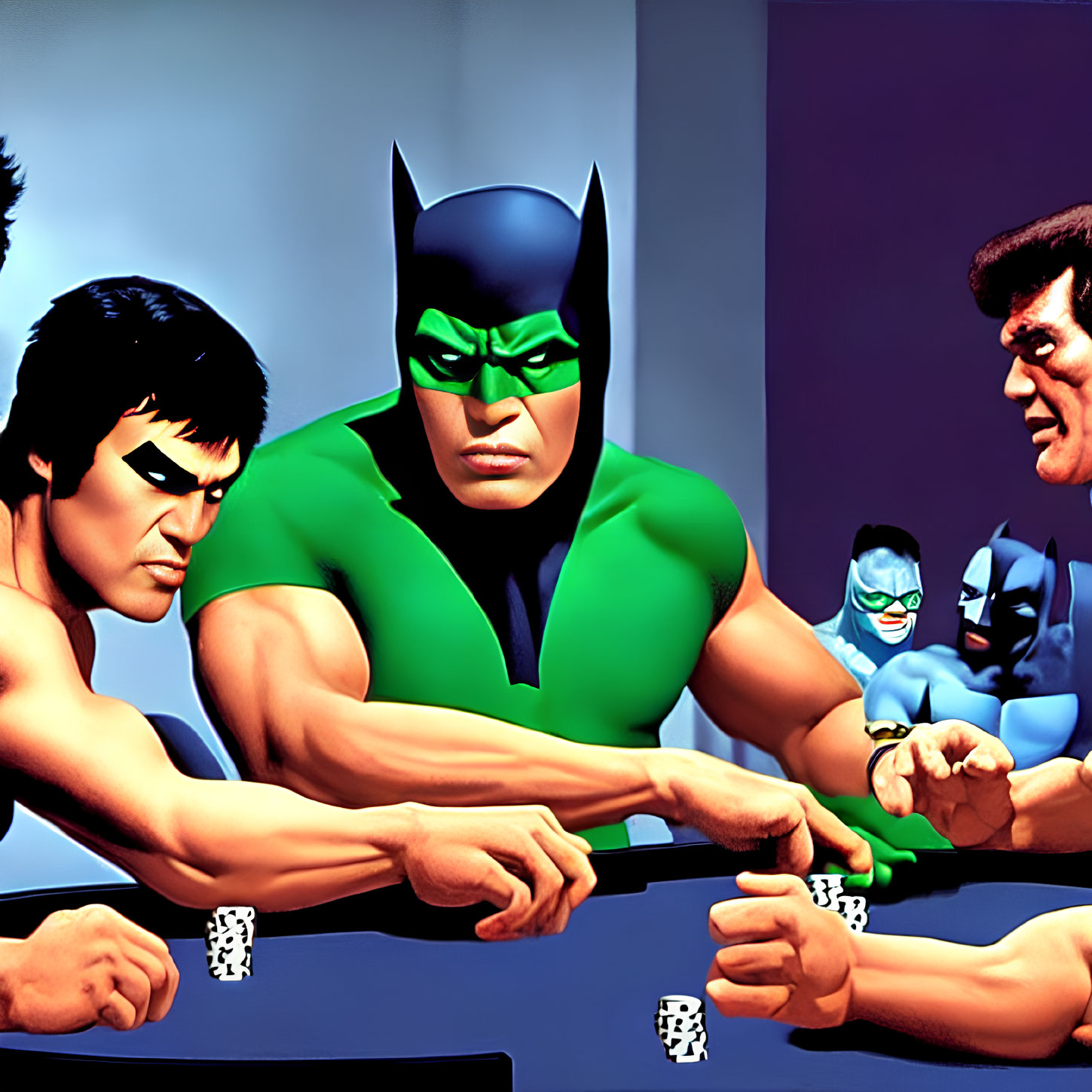 Famous superheroes in arm wrestling match with playing cards