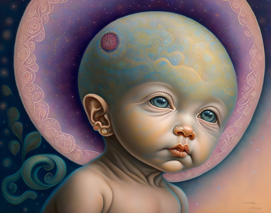 Surreal infant illustration with oversized head and cosmic patterns