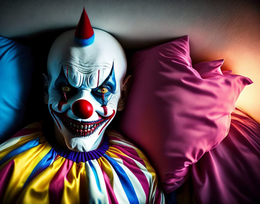 Sinister clown in colorful costume on bed with blue and pink pillows