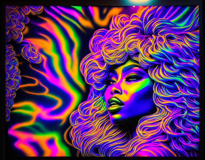 Abstract digital artwork: Stylized female figure with neon colors and psychedelic patterns