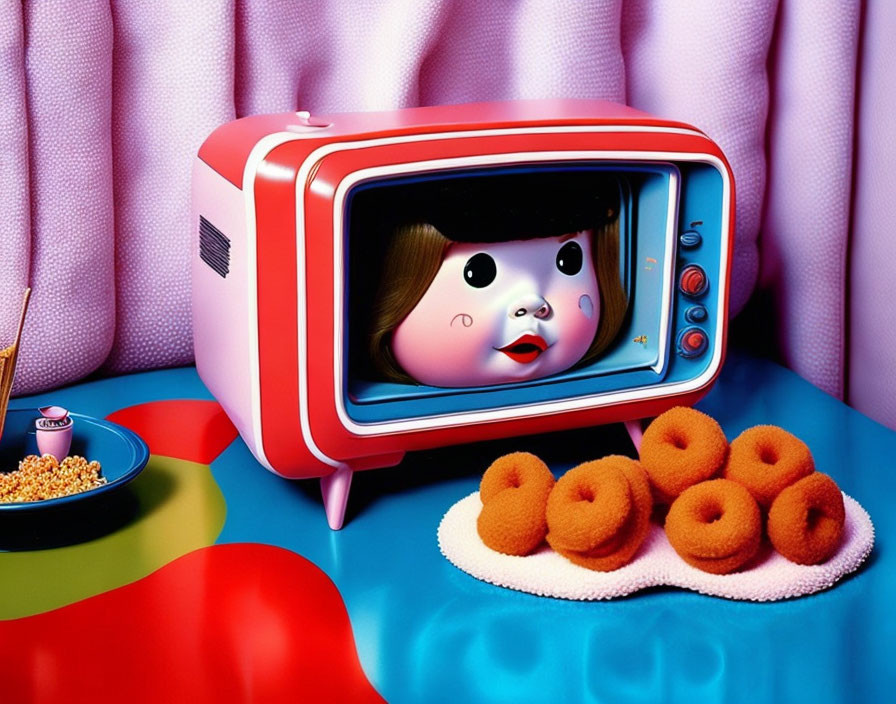 Surreal pink vintage television with baby face on screen among snacks on colorful table