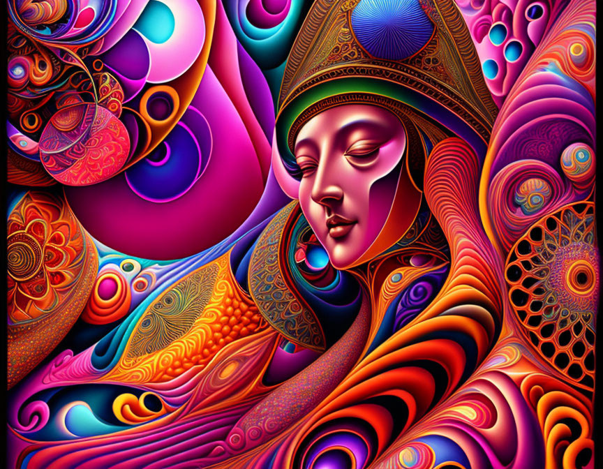 Colorful digital art of stylized female figure with intricate patterns