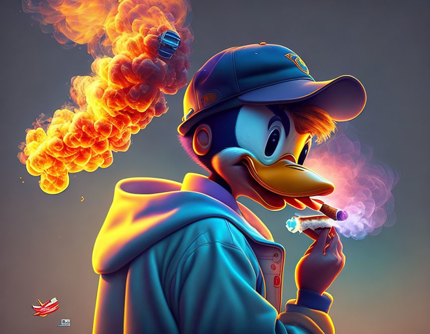 Cartoon duck character with cap and hoodie smoking, mushroom cloud in background