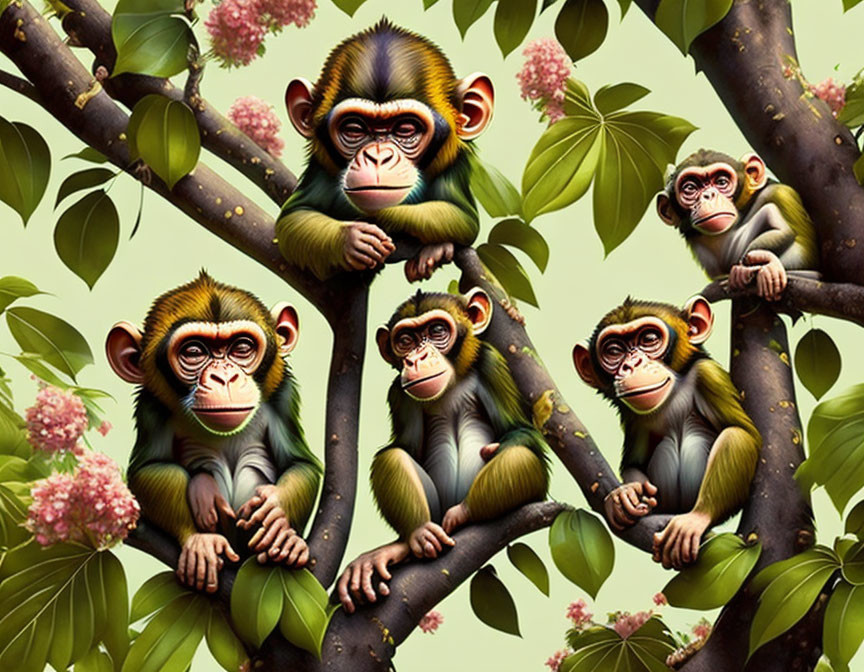 Colorful Stylized Monkeys on Tree Branches with Oversized Eyes