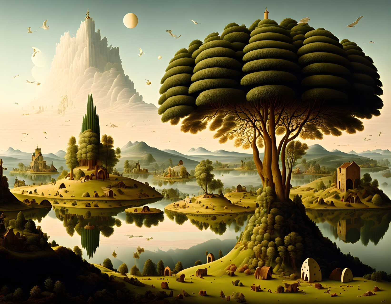 Colossal tree, hills, lake, castle, birds in surreal landscape