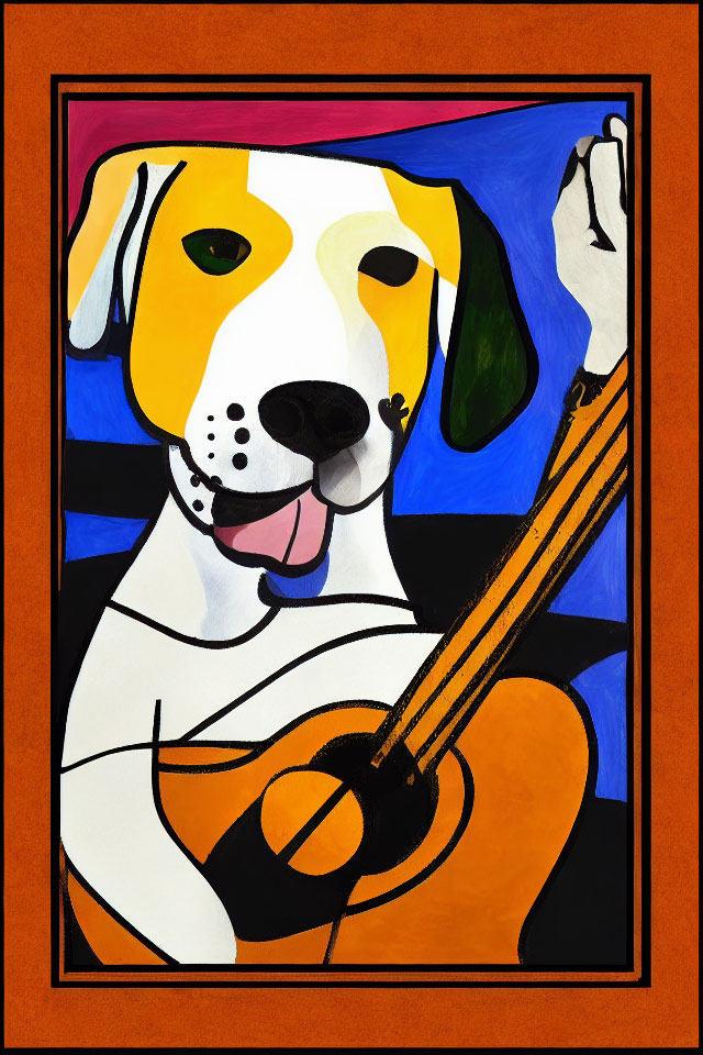 Colorful abstract painting of a dog with a guitar in bold colors