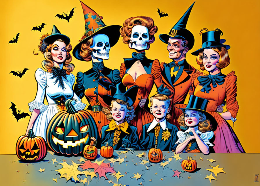 Colorful Halloween Family Costumes with Pumpkin and Bat Motifs