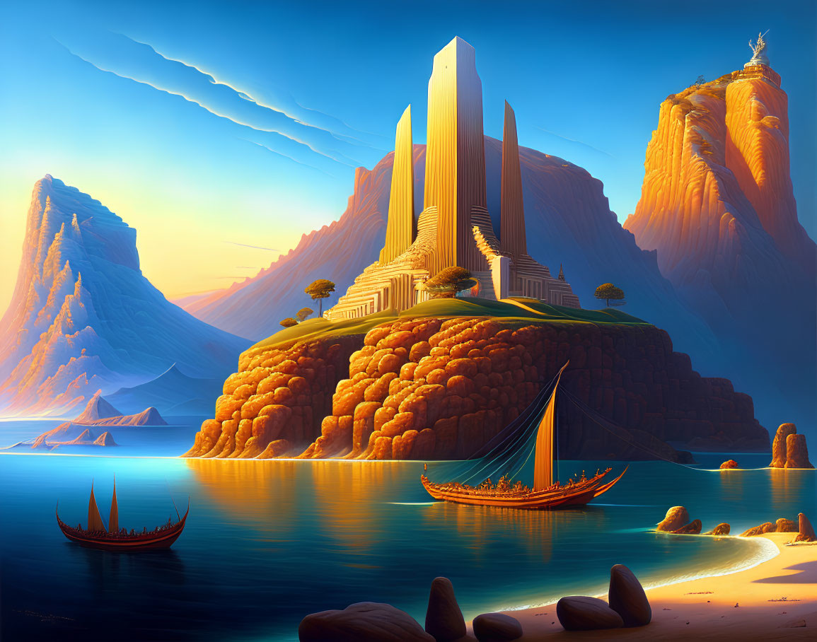 Futuristic cityscape on island cliff with traditional ships